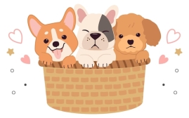 Premium Vector | The character cute dog and friend sitting in the big  basket in flat vector style